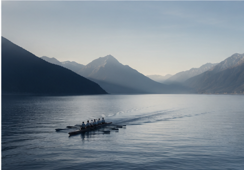 Rowers moving together across a mountain lake